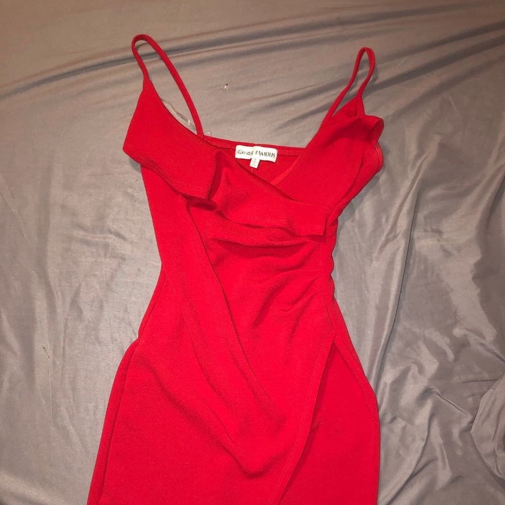 Red spaghetti strap dress, w/ small v cut ruffles
